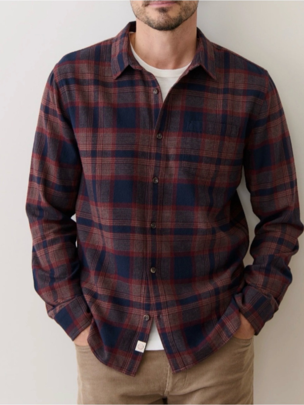 Marine Layer Tahoe Flannel Men's Navy and Burgundy Plaid Button-Up Shirt
